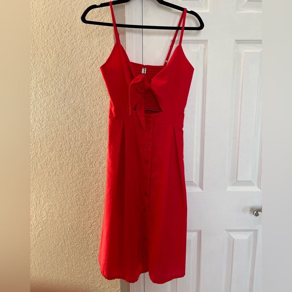 Red tie front dress